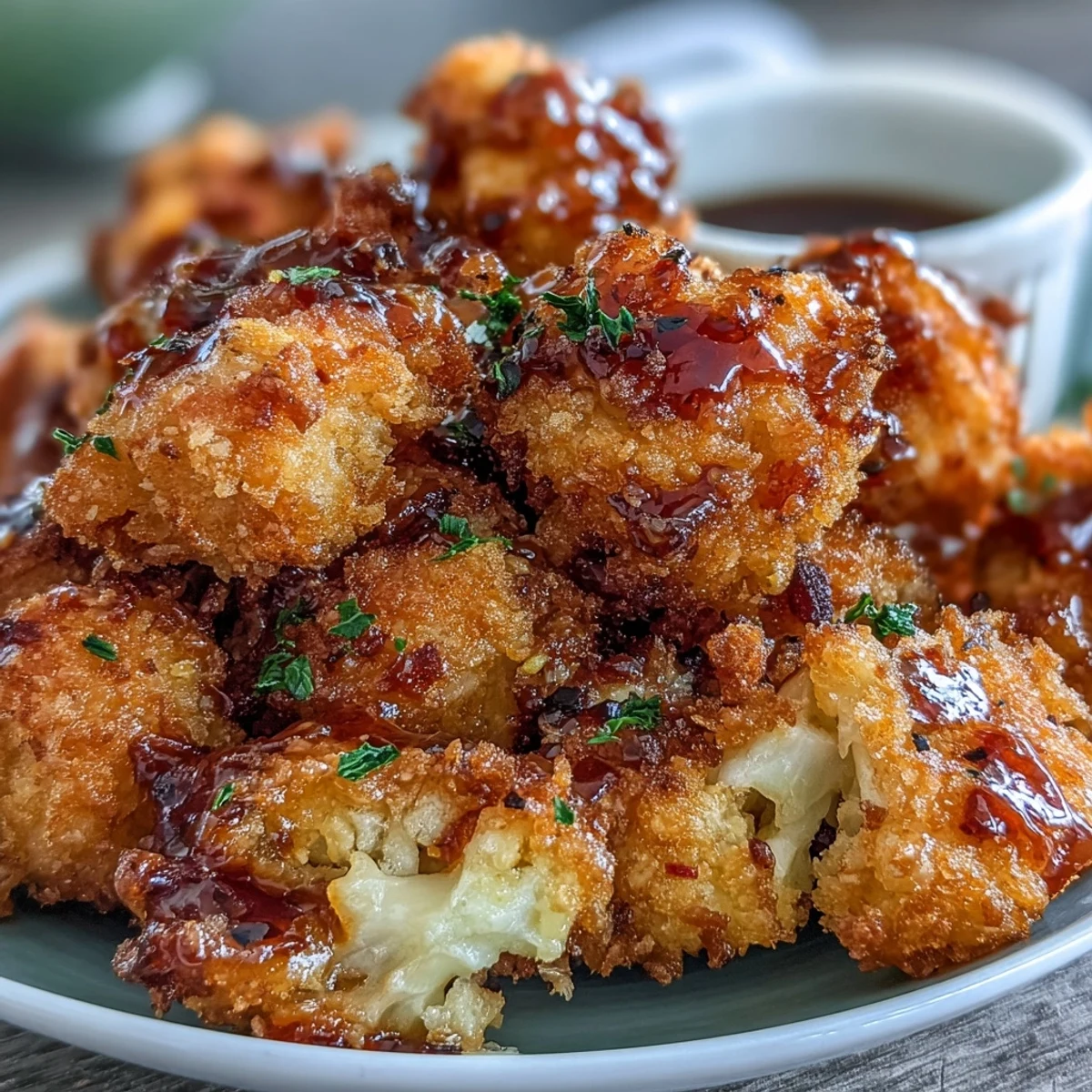 Crispy, golden-baked Crunchy Baked Hot Honey Cauliflower bites glazed in a spicy-sweet honey sauce, served on a rustic platter for a crowd-pleasing vegetarian appetizer.