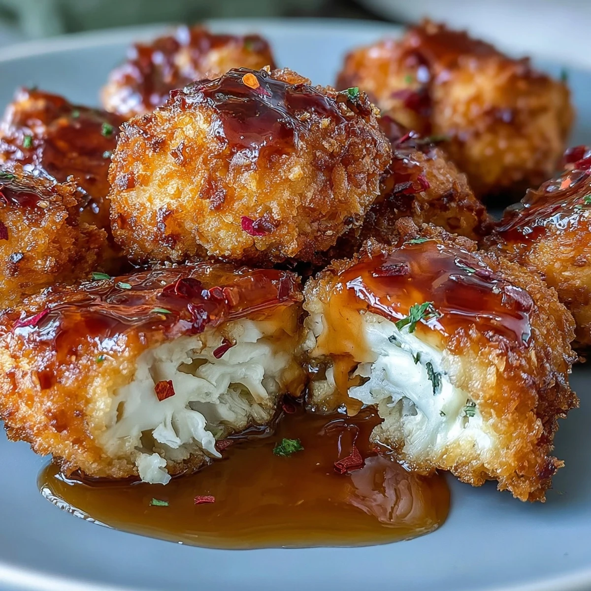 A close-up of Crunchy Baked Hot Honey Cauliflower with sticky, glossy hot honey sauce, paired with a creamy dip for the perfect spicy-sweet snack.