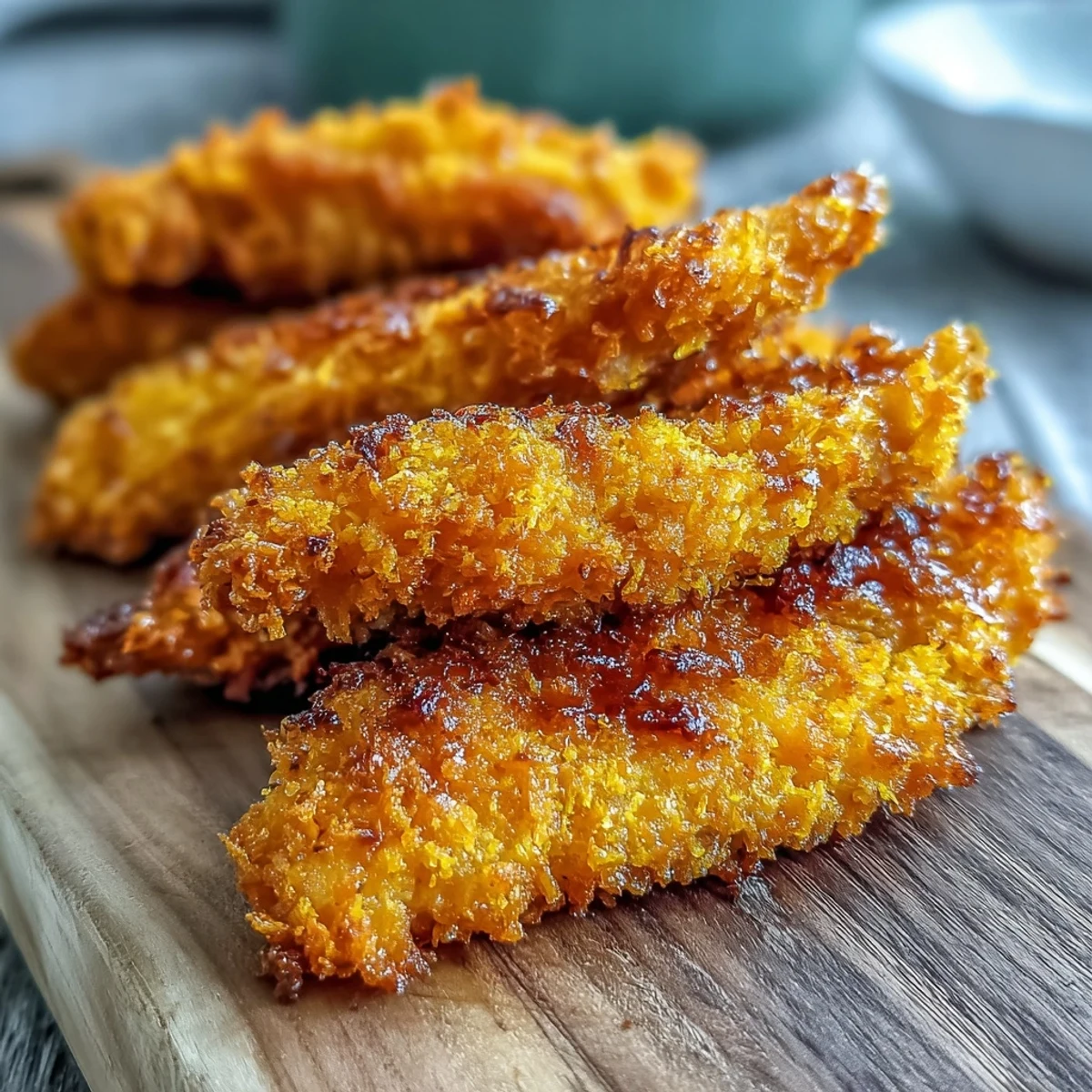 Stack of Crispy Turmeric Chicken Tenders served with a creamy dipping sauce and lemon wedge.