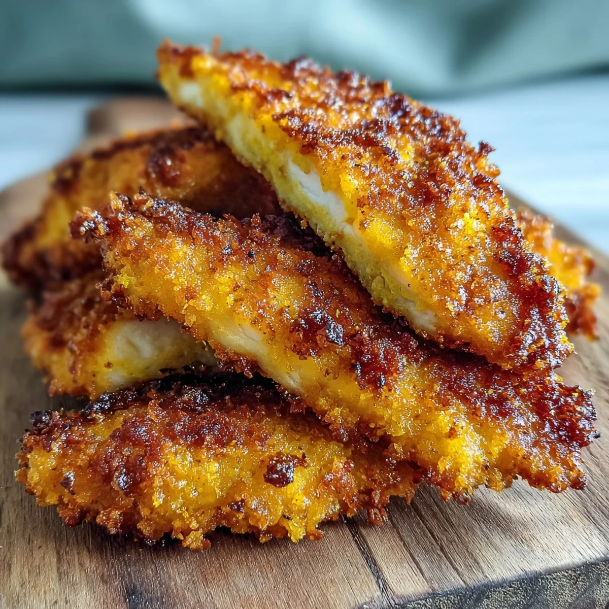 Crispy Turmeric Chicken Tenders glisten with golden breading and warm spices on a plate.