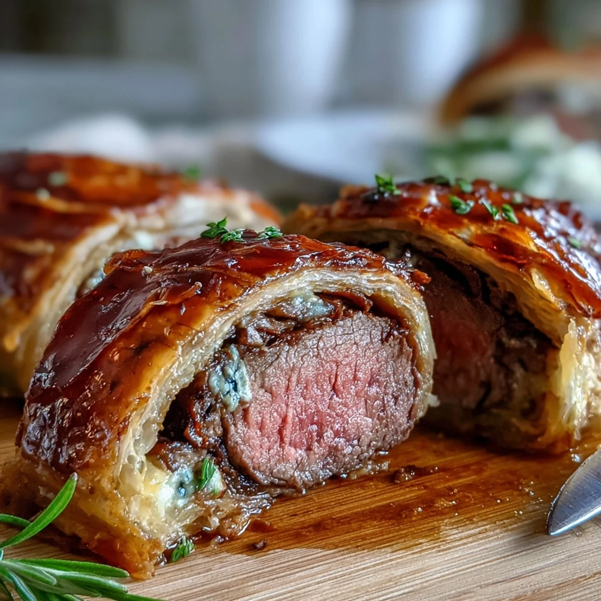 Freshly baked Beef Wellington with golden, flaky puff pastry and a slice showing tender beef fillet and mushroom duxelles, served on a rustic wooden board.