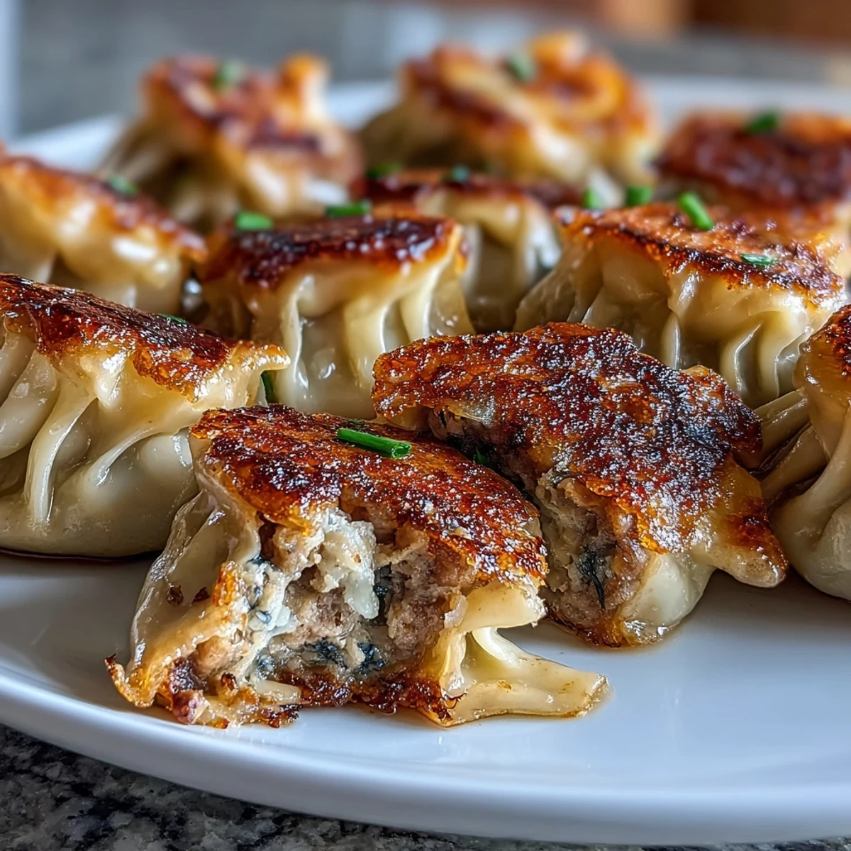 Golden-brown, crispy-bottomed Smash Dumplings sizzling in a skillet with steam rising.