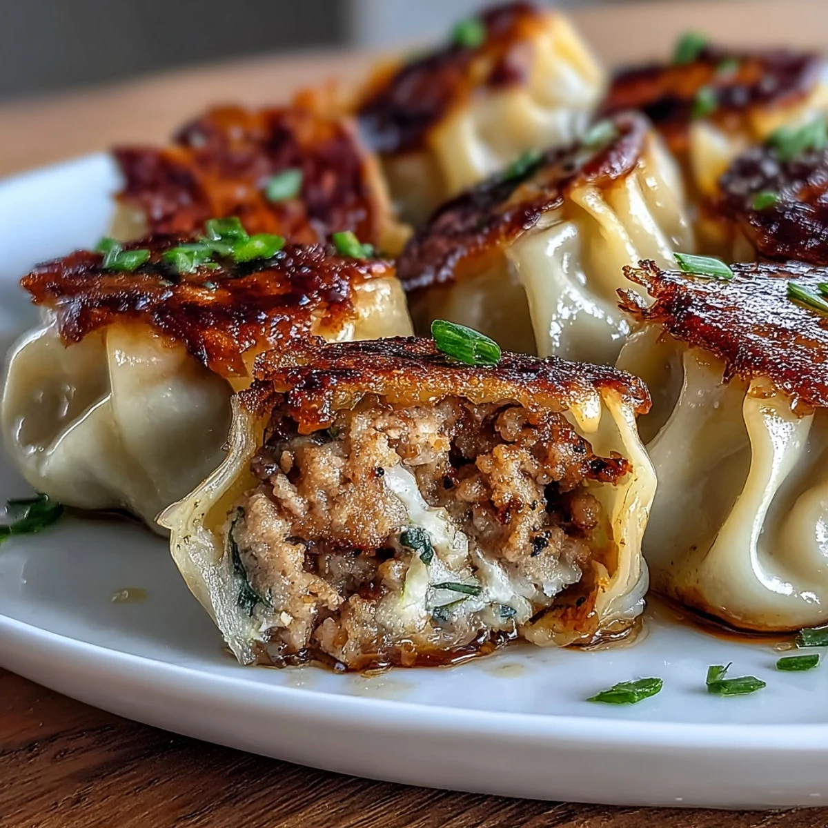 Close-up of smashed Smash Dumplings with crispy edges and a side of chili oil dipping sauce.