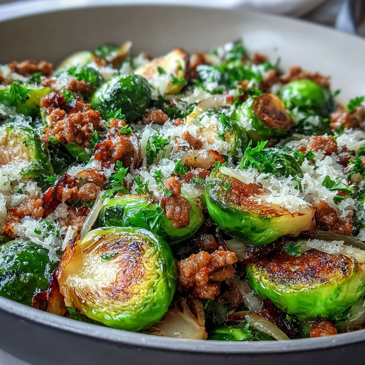 Golden-brown Brussels sprouts and savory ground turkey sizzle in a skillet garnished with fresh parsley and Parmesan.