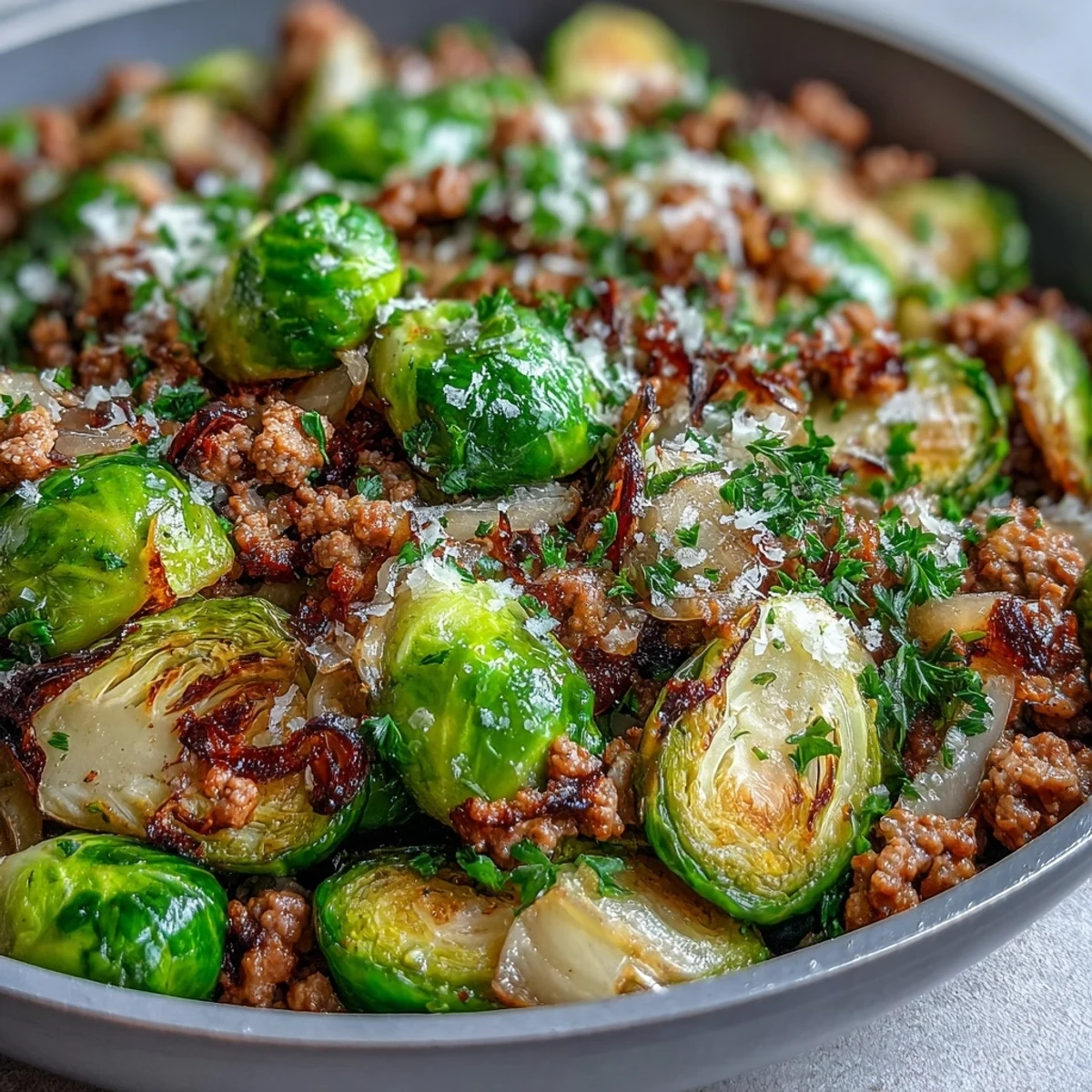 Sizzling Brussels sprouts and ground turkey served hot from the skillet, topped with grated Parmesan and parsley.