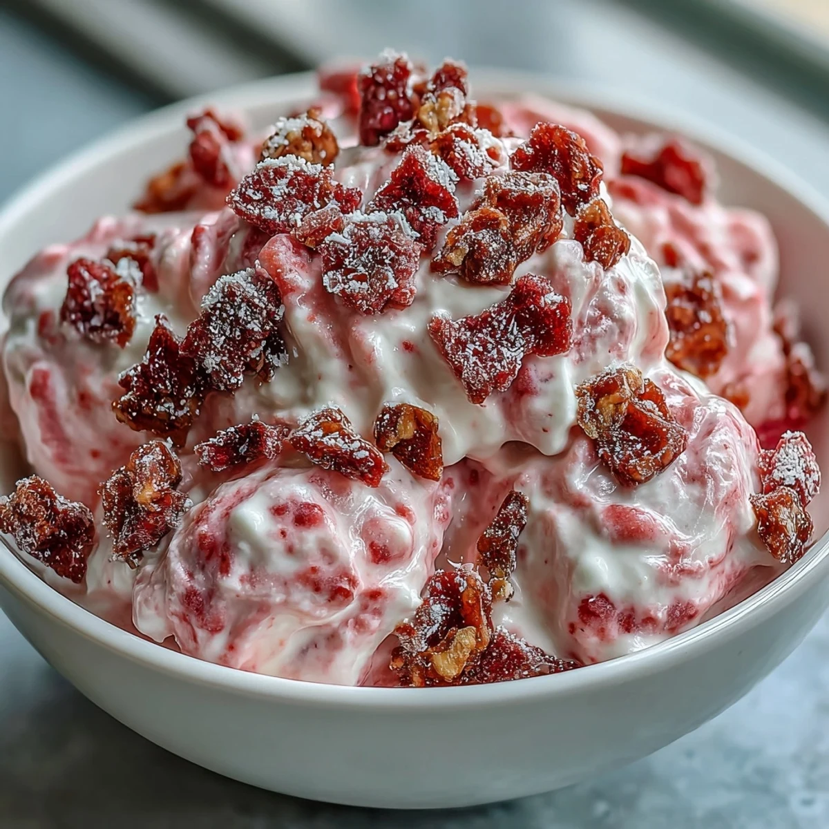 Strawberry & Banana Yoghurt Clusters frozen on a baking sheet, topped with crisp fruit pieces for a refreshing, crunchy dessert.