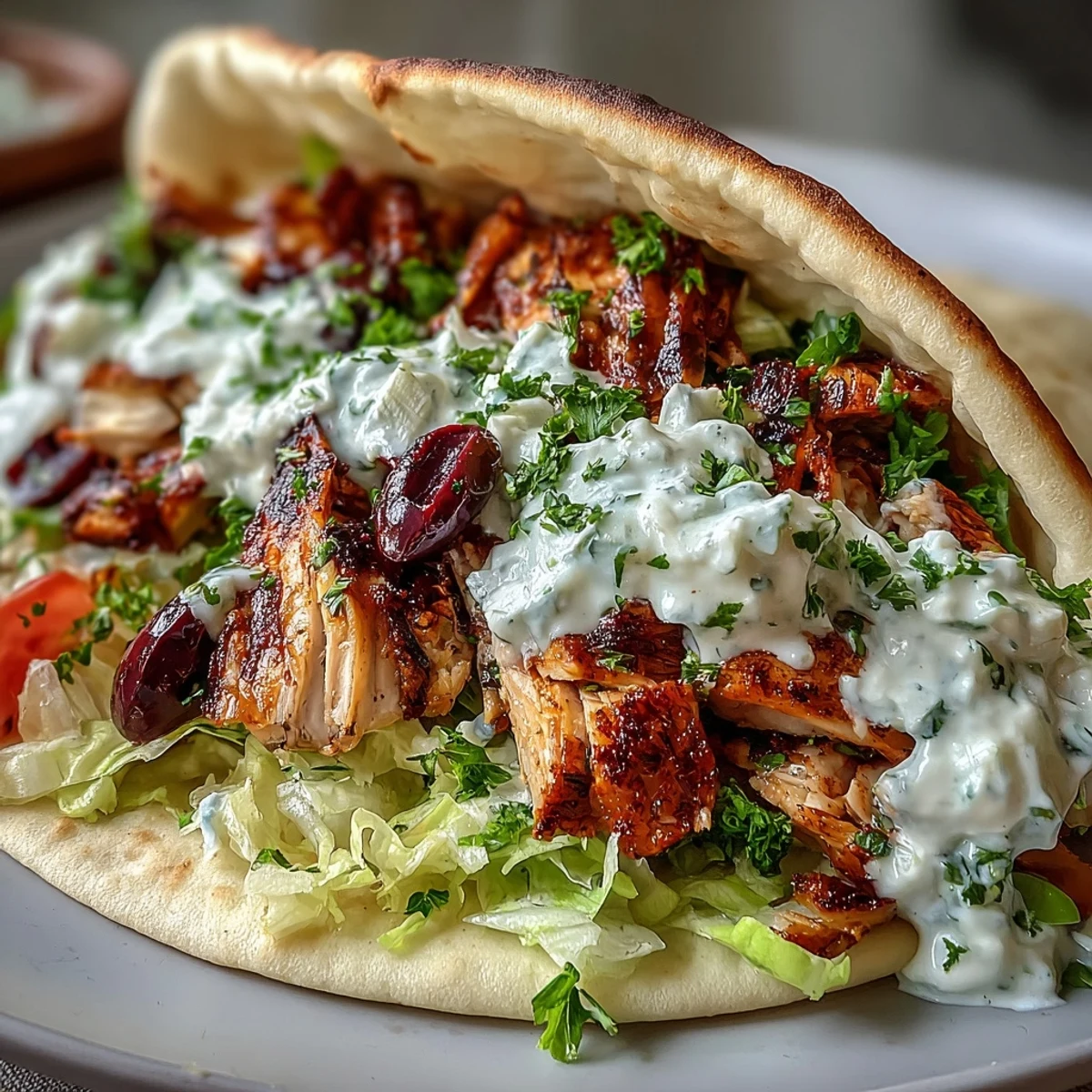 A Mediterranean Chicken Gyros platter is garnished with red onion and Kalamata olives, with a bowl of creamy feta tzatziki on the side.