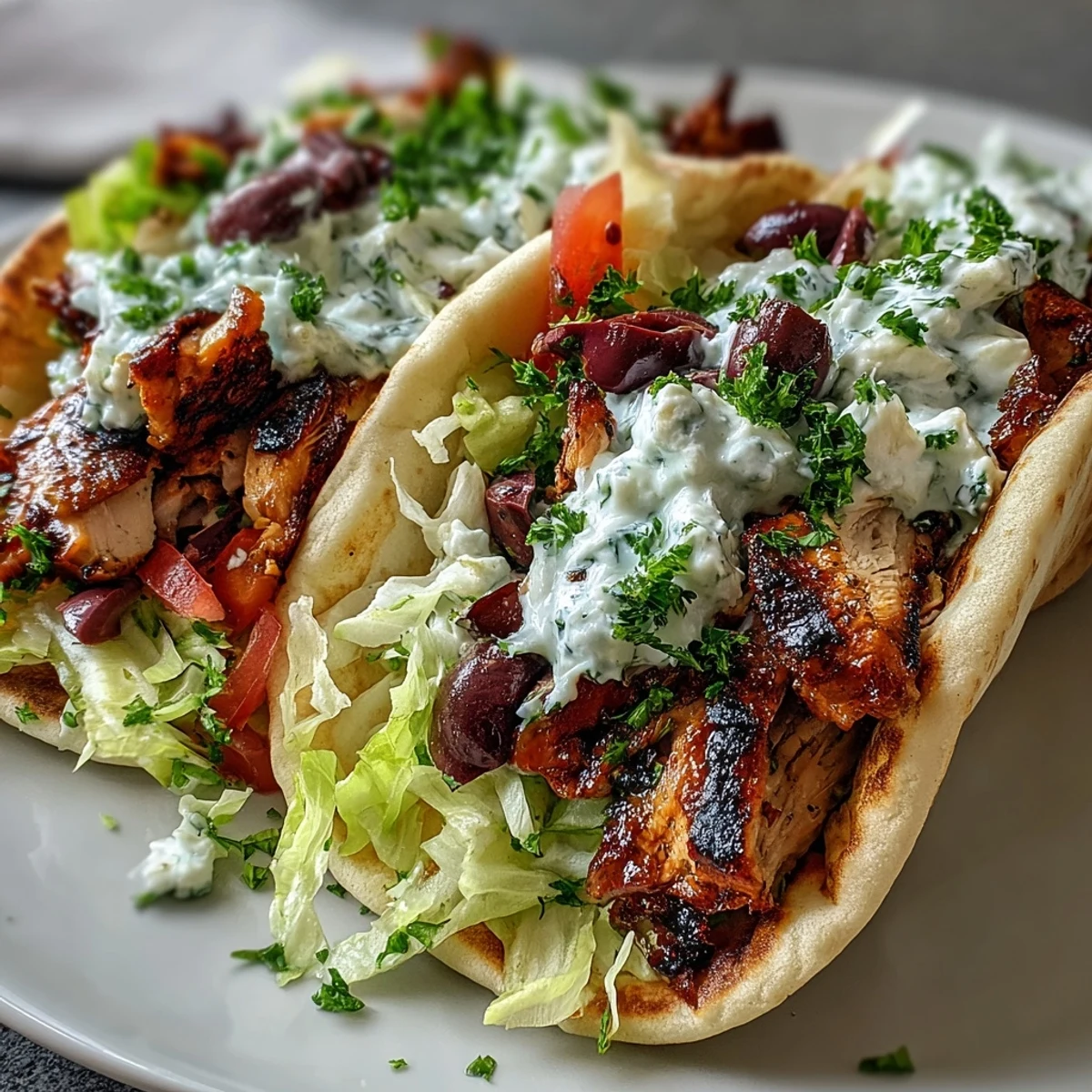 Overhead view of freshly assembled Mediterranean Chicken Gyros filled with juicy chicken, diced tomatoes, and a drizzle of creamy feta tzatziki sauce.