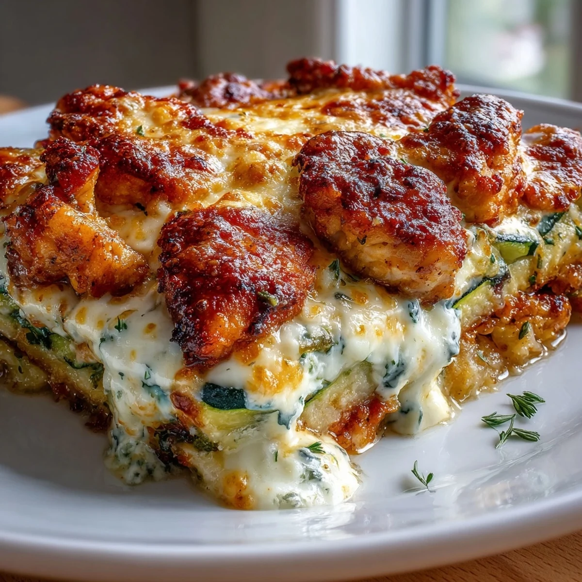 Sliced portion of creamy High Protein Chicken Zucchini Bake showing tender chicken, zucchini layers, and a rich, cheesy topping.