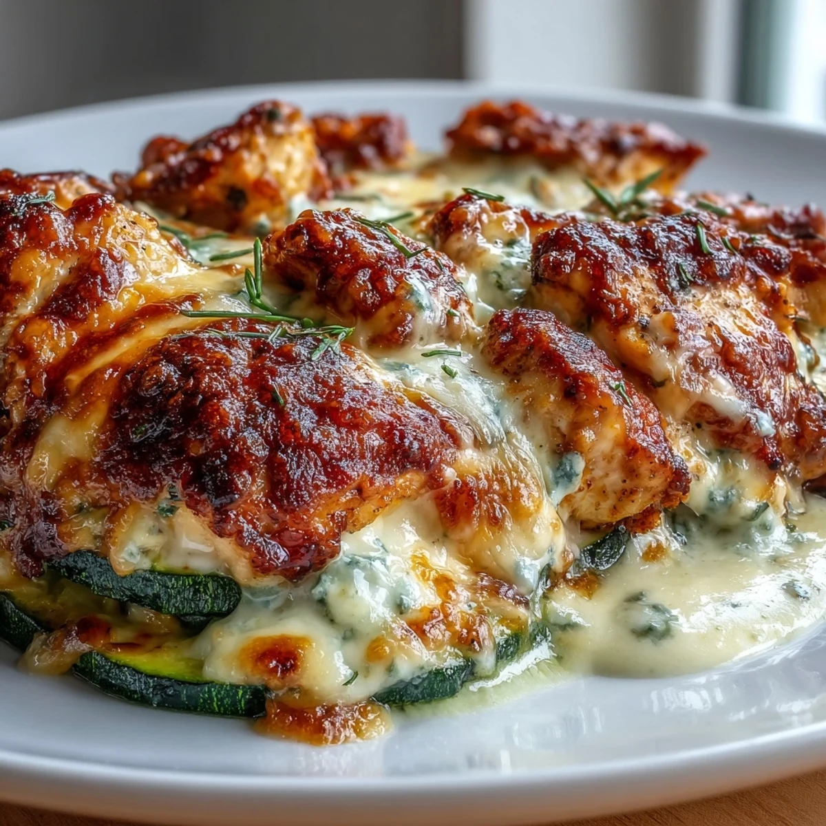 High Protein Chicken Zucchini Bake served warm on a plate with a side salad, perfect for a low-carb dinner.