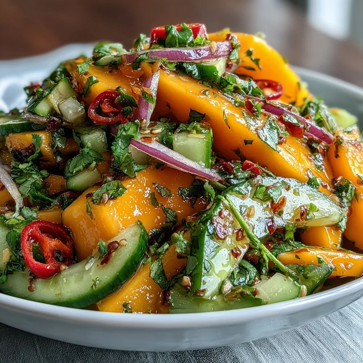 Bright, sliced mangoes and crisp veggies in a bowl, tossed with fresh cilantro and a zesty lime dressing for the Refreshing Mango Salad. 