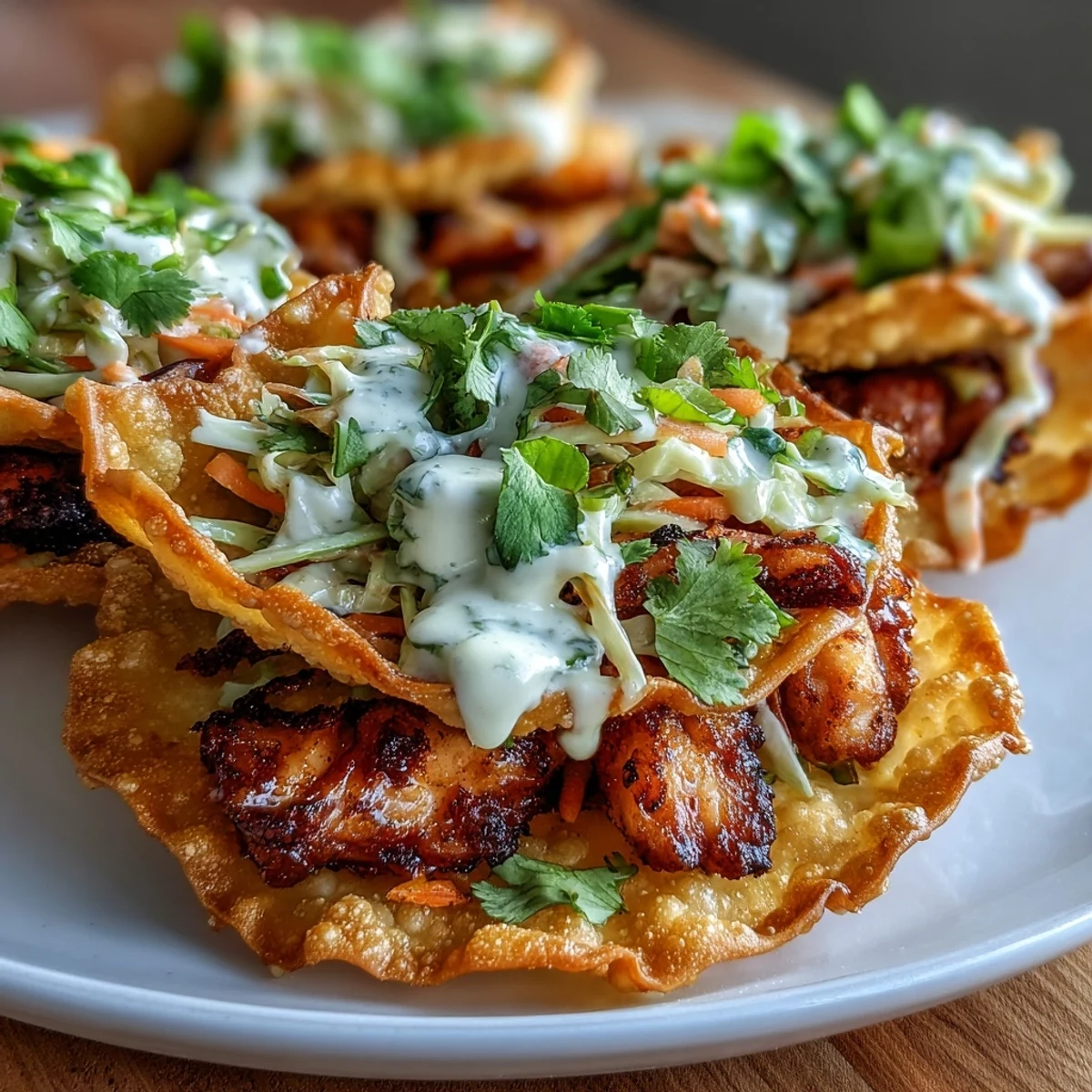 Crispy Chicken Wonton Tacos drizzled with creamy sriracha mayo and fresh cilantro.