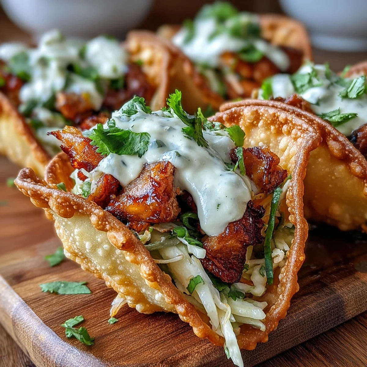 Crispy Chicken Wonton Tacos stacked with ginger-marinated chicken and crunchy slaw.