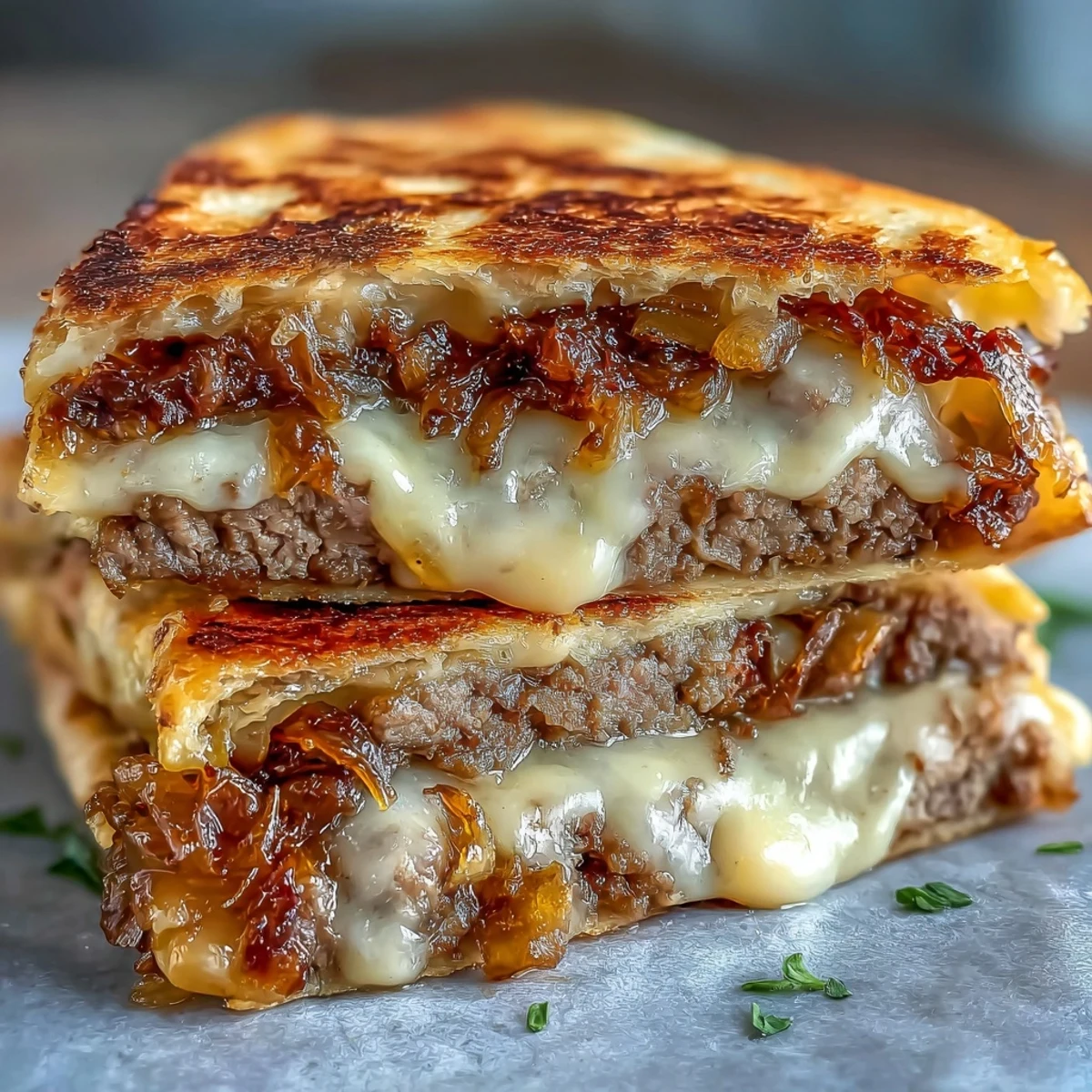 A close-up of a sliced Cheesy Griddled Smashburger Quesadilla reveals juicy smashburger patties and sweet onions inside.