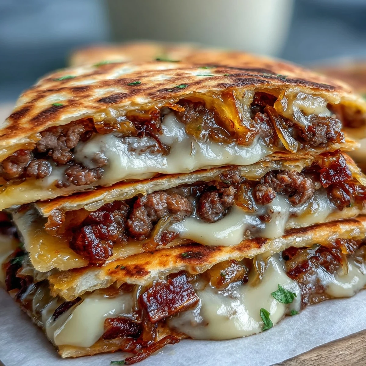 Sizzling Cheesy Griddled Smashburger Quesadillas on a griddle with crispy edges and a drizzle of mayo-mustard sauce.
