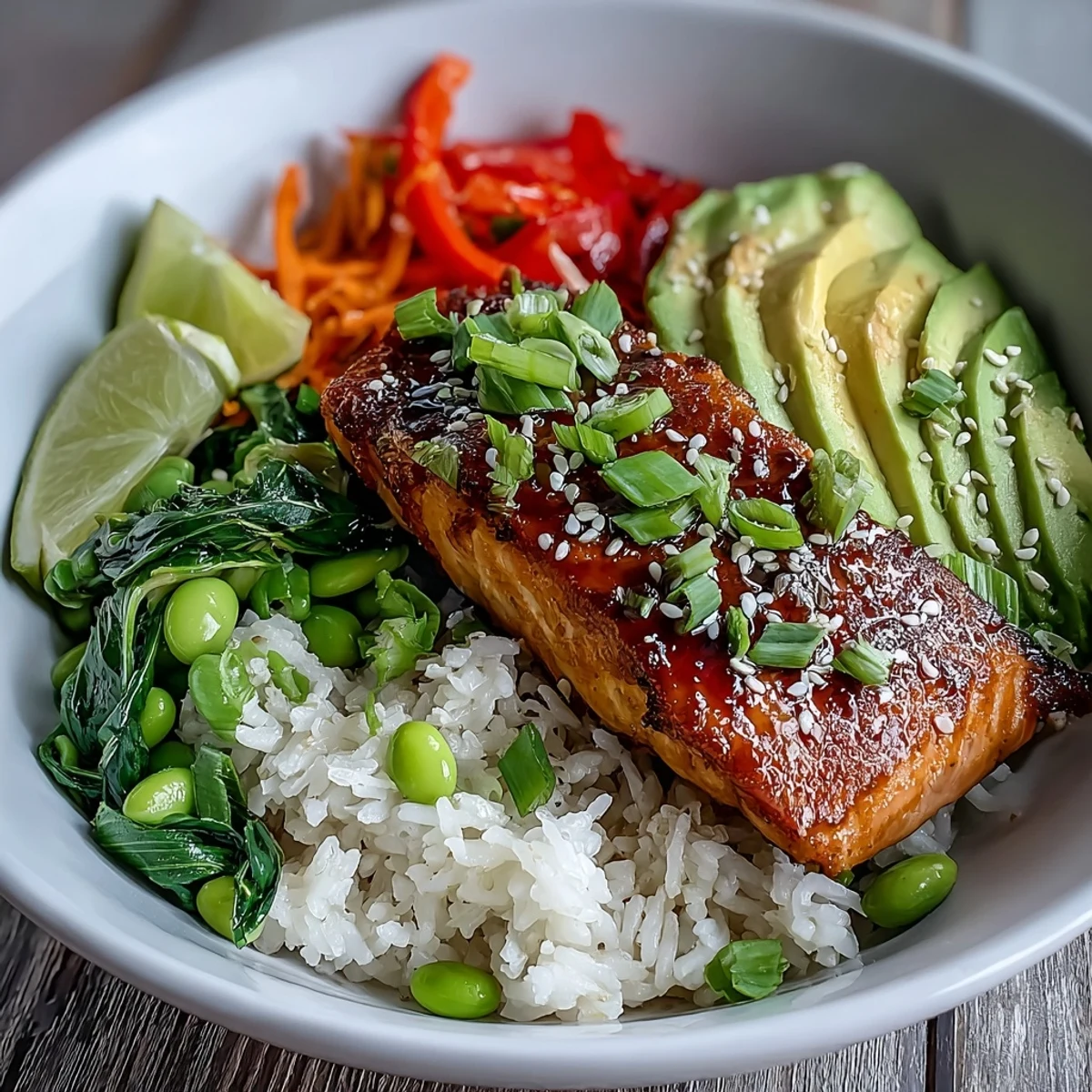Close-up of the soy ginger salmon bowl with glazed fillets over fluffy rice, crisp veggies, and avocado.