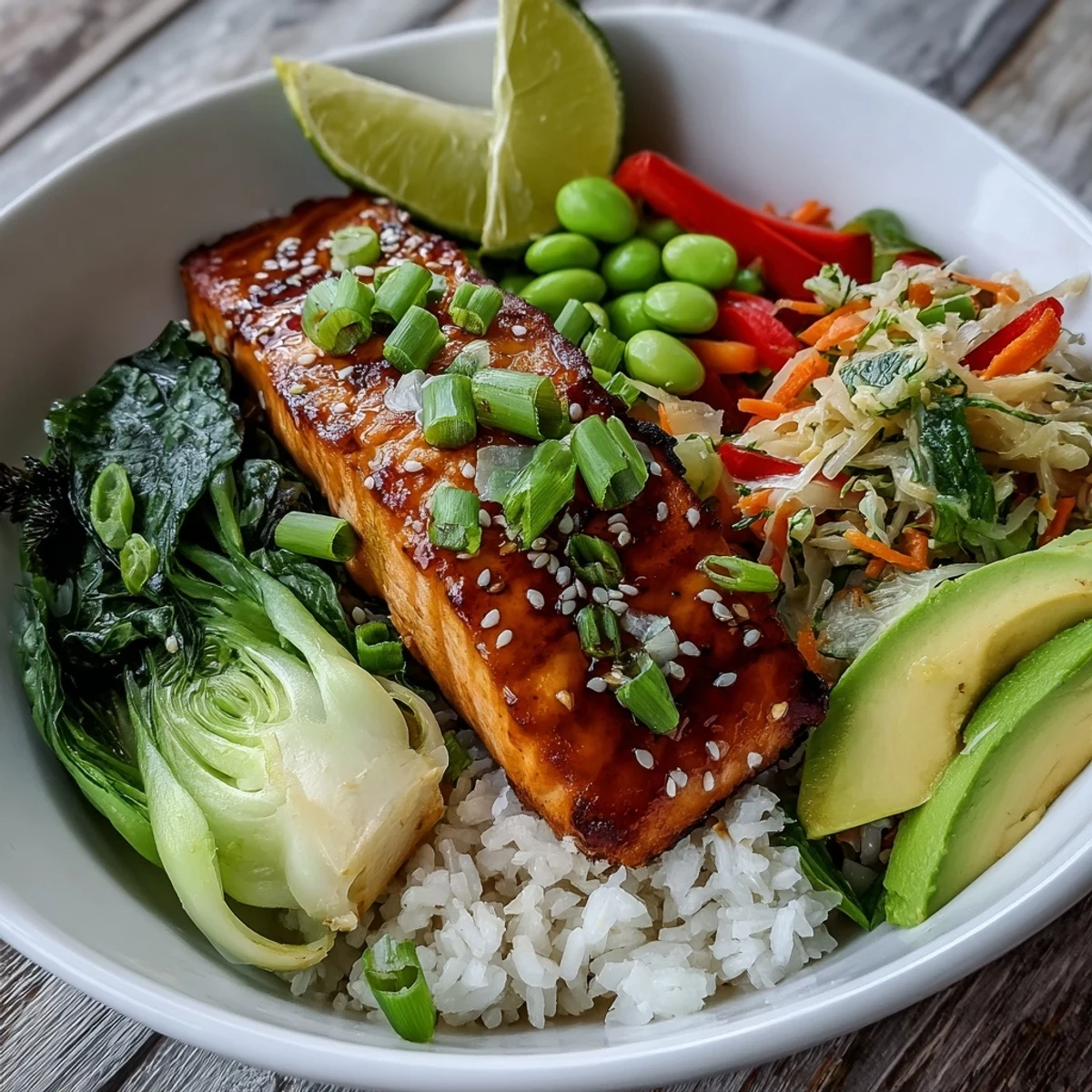 Fork-ready soy ginger salmon bowl topped with stir-fried vegetables, sesame seeds, and a lime wedge.