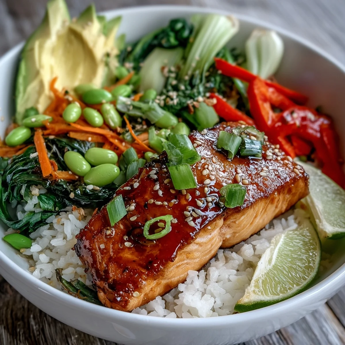 Vibrant soy ginger salmon bowl in a white bowl, drizzled with sauce and garnished with cilantro.