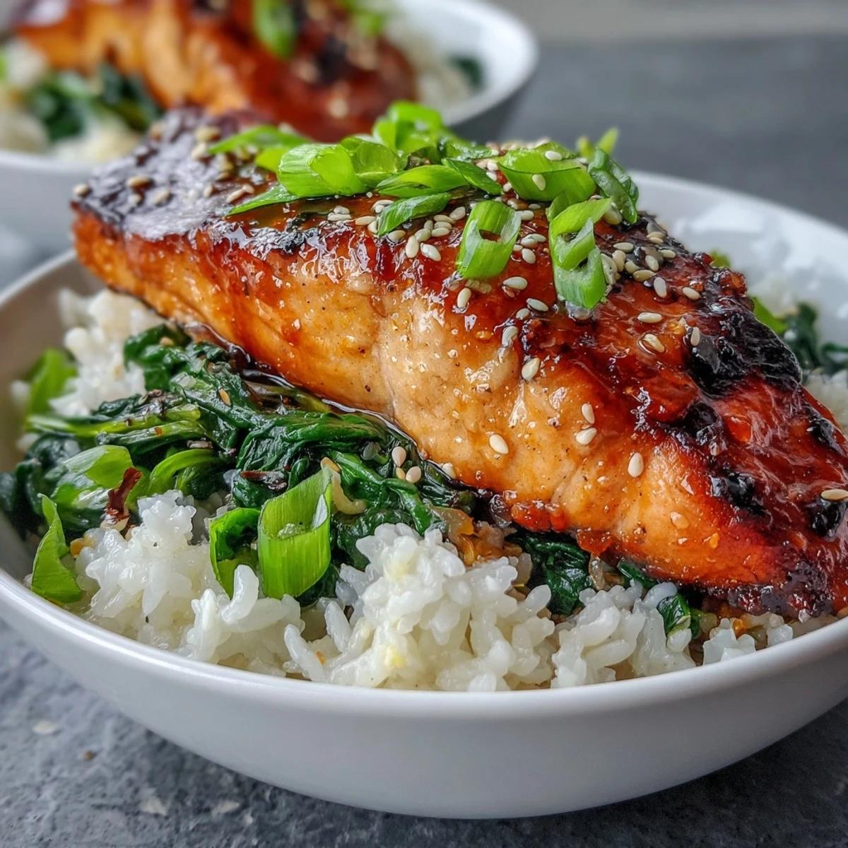 Golden-brown Miso Glazed Salmon Bowl with jasmine rice, sautéed spinach, and fresh green onions. 
