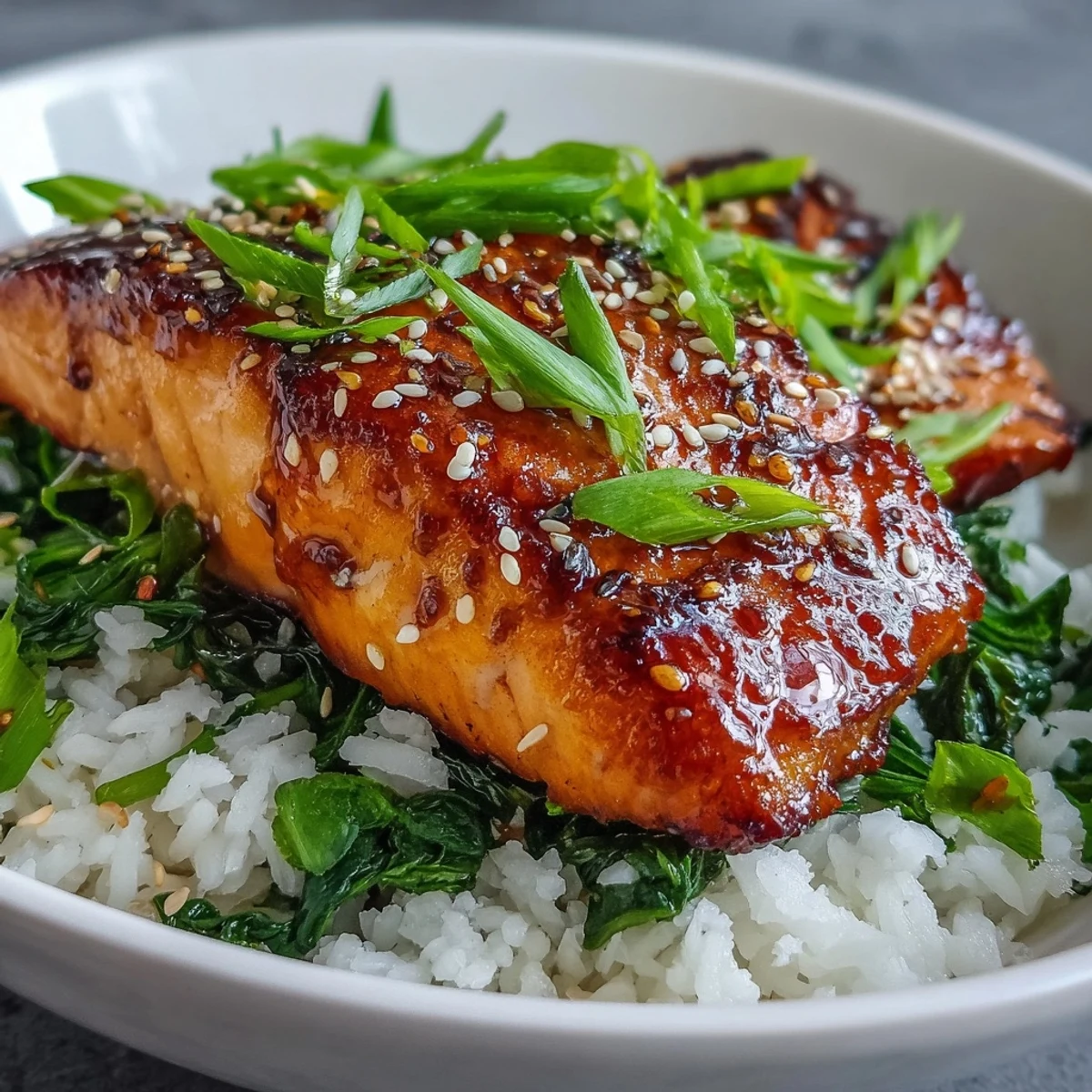 Plated Miso Glazed Salmon Bowl with lime wedges, nori strips, and sautéed spinach garnish.