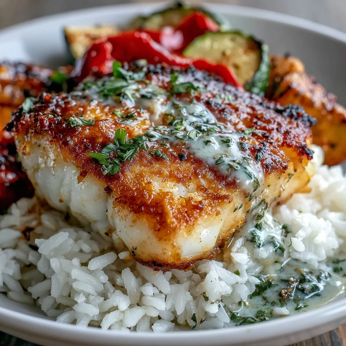Pan-Seared Fish Bowl with golden flaky fish, fluffy rice, and vibrant roasted vegetables on a ceramic plate.