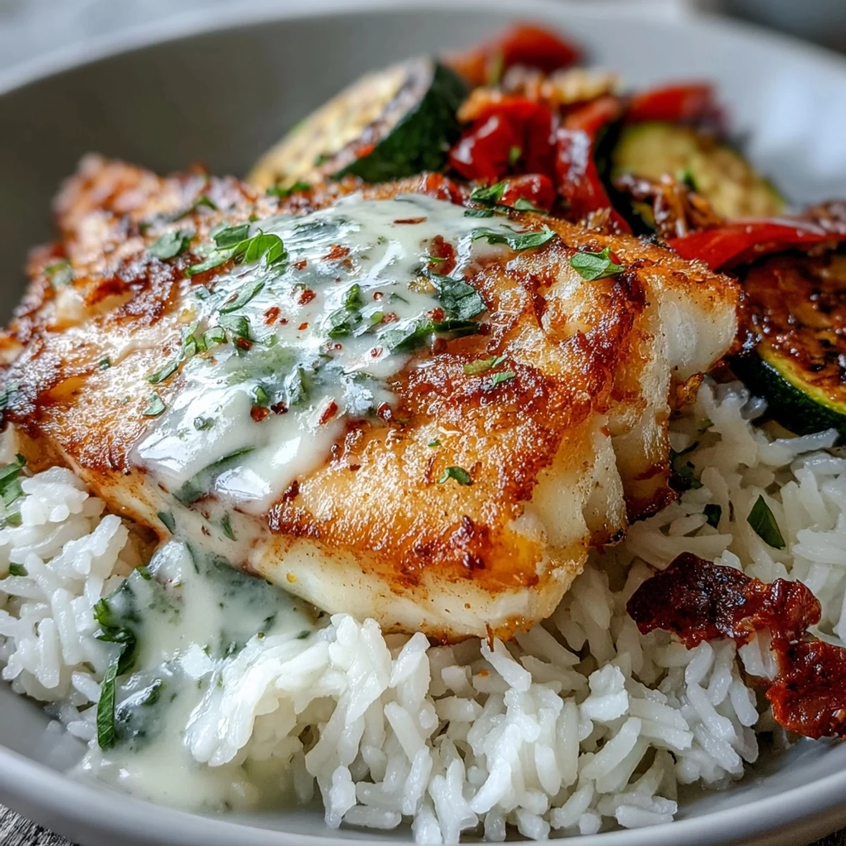Flaky white fish sits atop fluffy rice with roasted veggies and zesty lemon sauce in this Pan-Seared Fish Bowl.