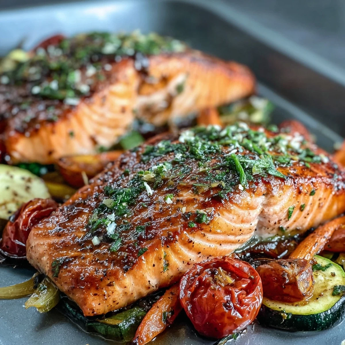Perfectly roasted salmon fillets and colorful vegetables sizzling on a sheet pan for a healthy dinner.