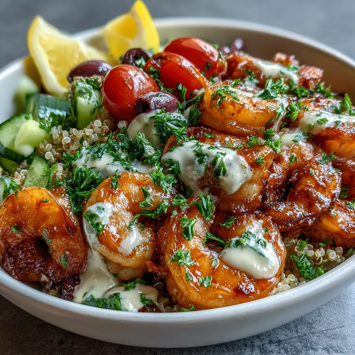 Mediterranean Shrimp Bowl with grilled shrimp, quinoa, and fresh veggies, drizzled with creamy tahini sauce.