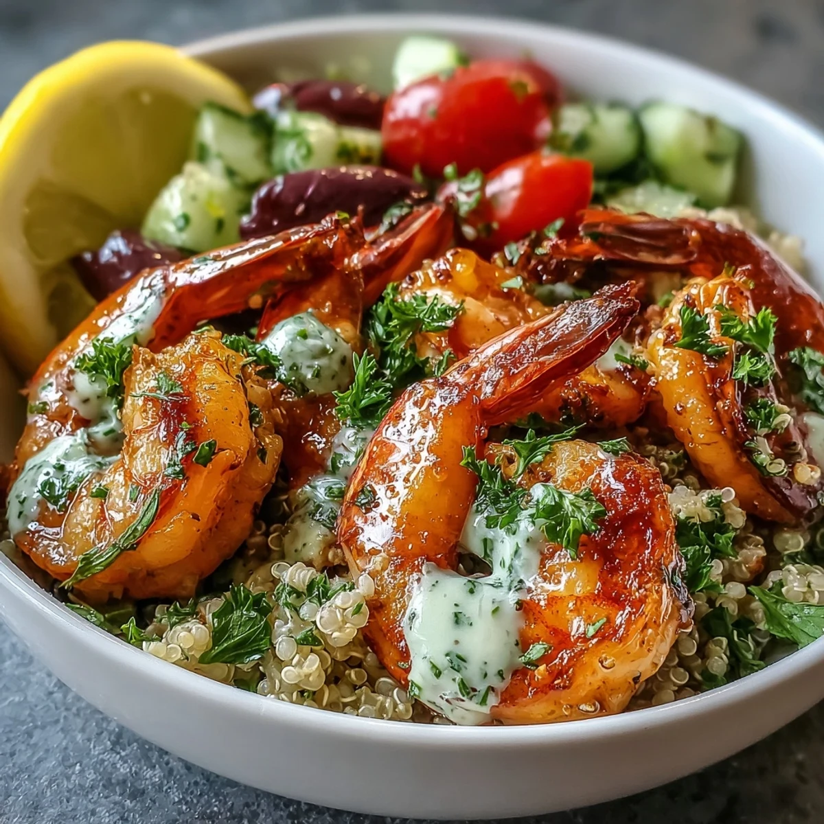 Close-up Mediterranean Shrimp Bowl showcasing pink shrimp, Kalamata olives, and cucumber over a bed of fluffy grains.