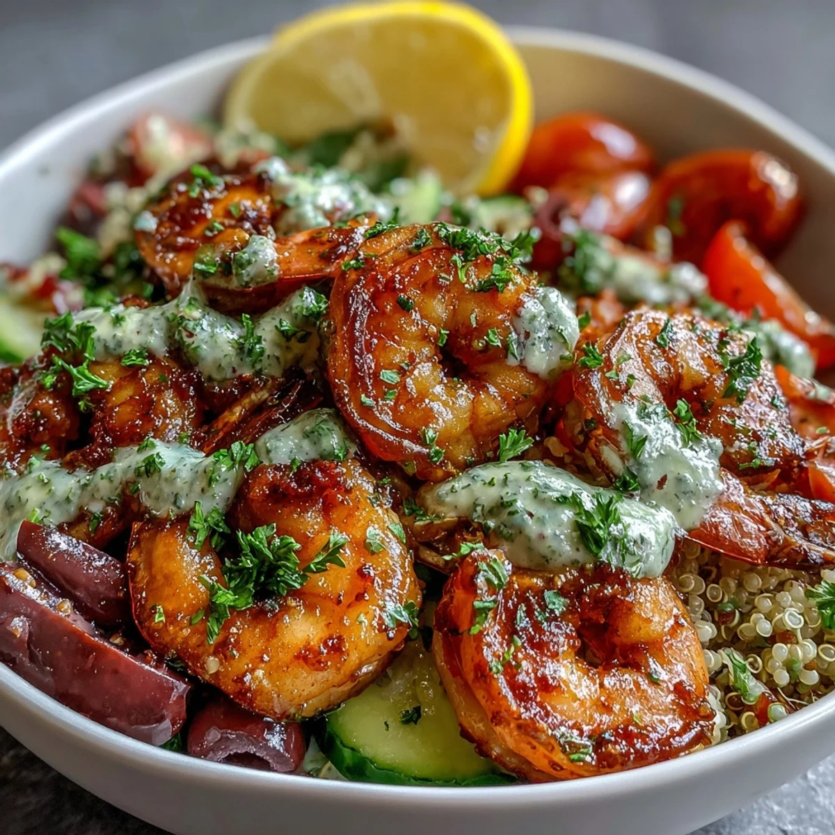 Plated Mediterranean Shrimp Bowl with bright lemon wedges, arugula, and a generous drizzle of rich tahini dressing.