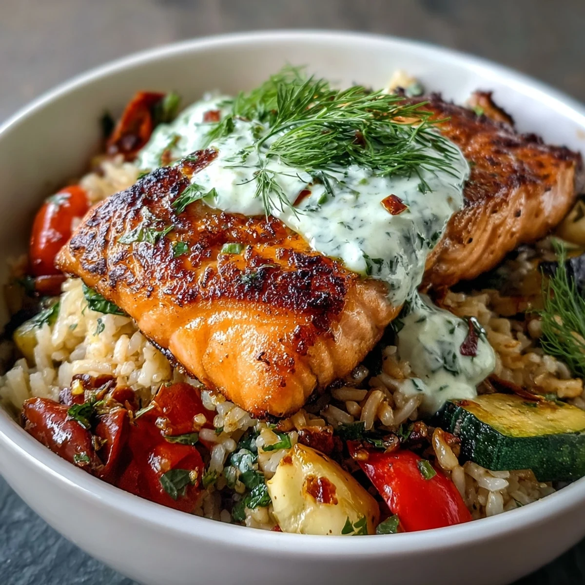 Golden crispy rice forms the base of this vibrant Crispy Rice Salmon Bowl, topped with pan-seared salmon and roasted Mediterranean vegetables.