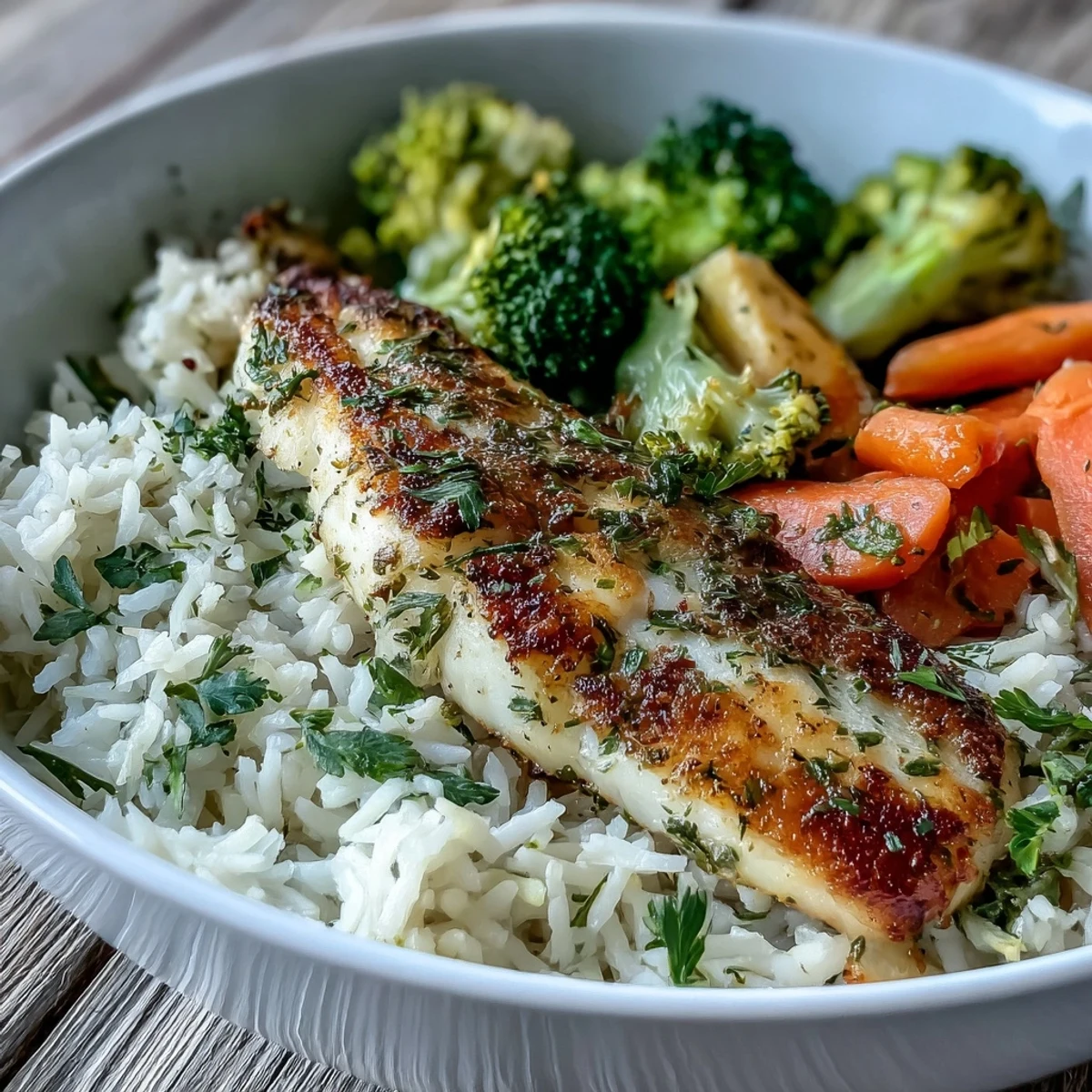 Healthy gluten-free Baked Tilapia Bowl featuring tender fish, steamed vegetables, and fluffy rice, ready for a wholesome dinner.