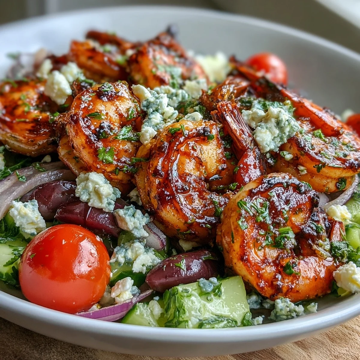 Freshly grilled shrimp over salad with feta and olives in a vibrant Greek Shrimp Bowl. 