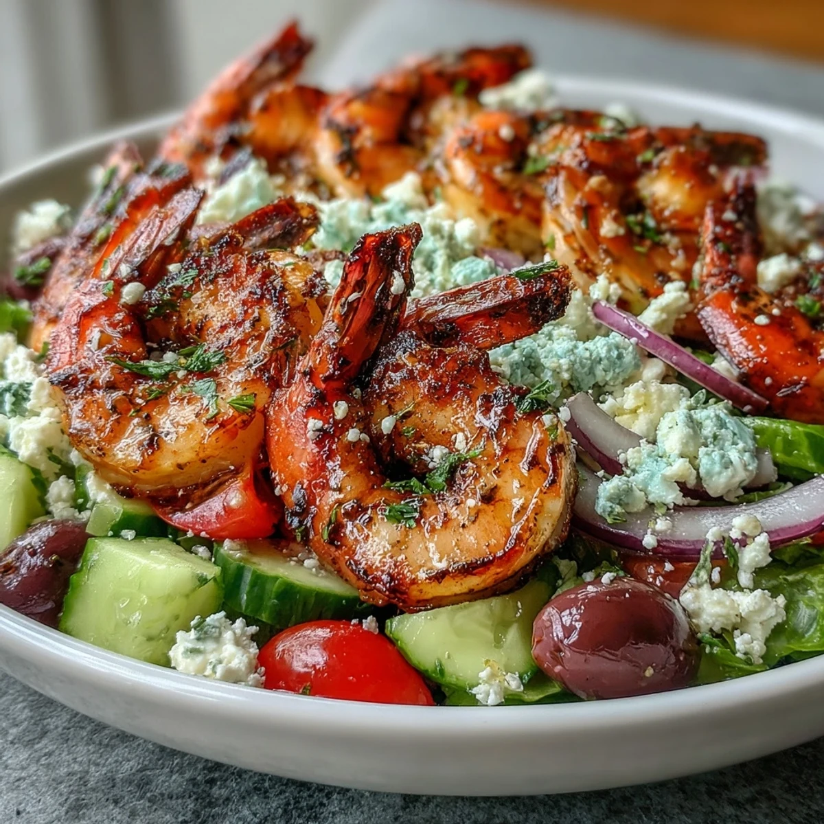 Colorful Greek Shrimp Bowl with grilled shrimp, tomatoes, cucumbers, olives, and feta garnish. 