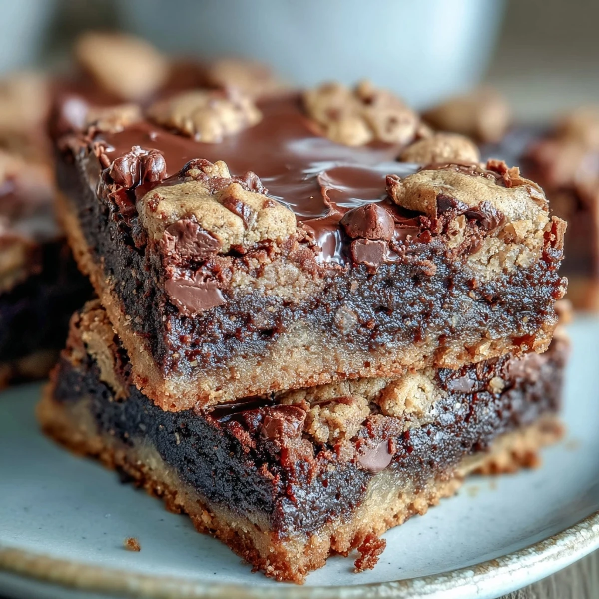 Warm Hojicha Brookies on a cooling rack, showcasing a golden-brown crust with rich roasted tea flecks in every bite.
