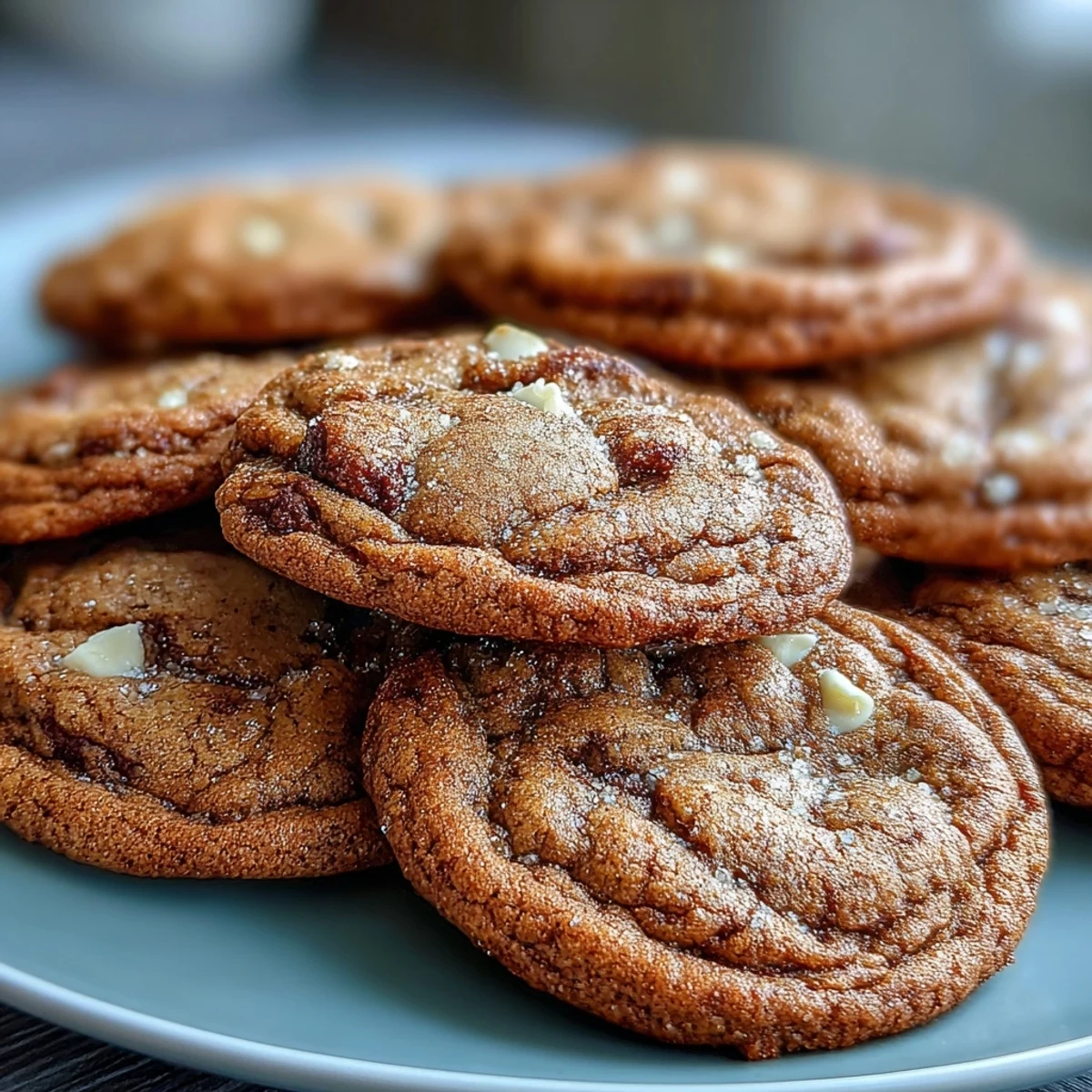 Chewy Brown Butter Hojicha & Earl Grey Cookies with white chocolate chips, dusted with powdered sugar.