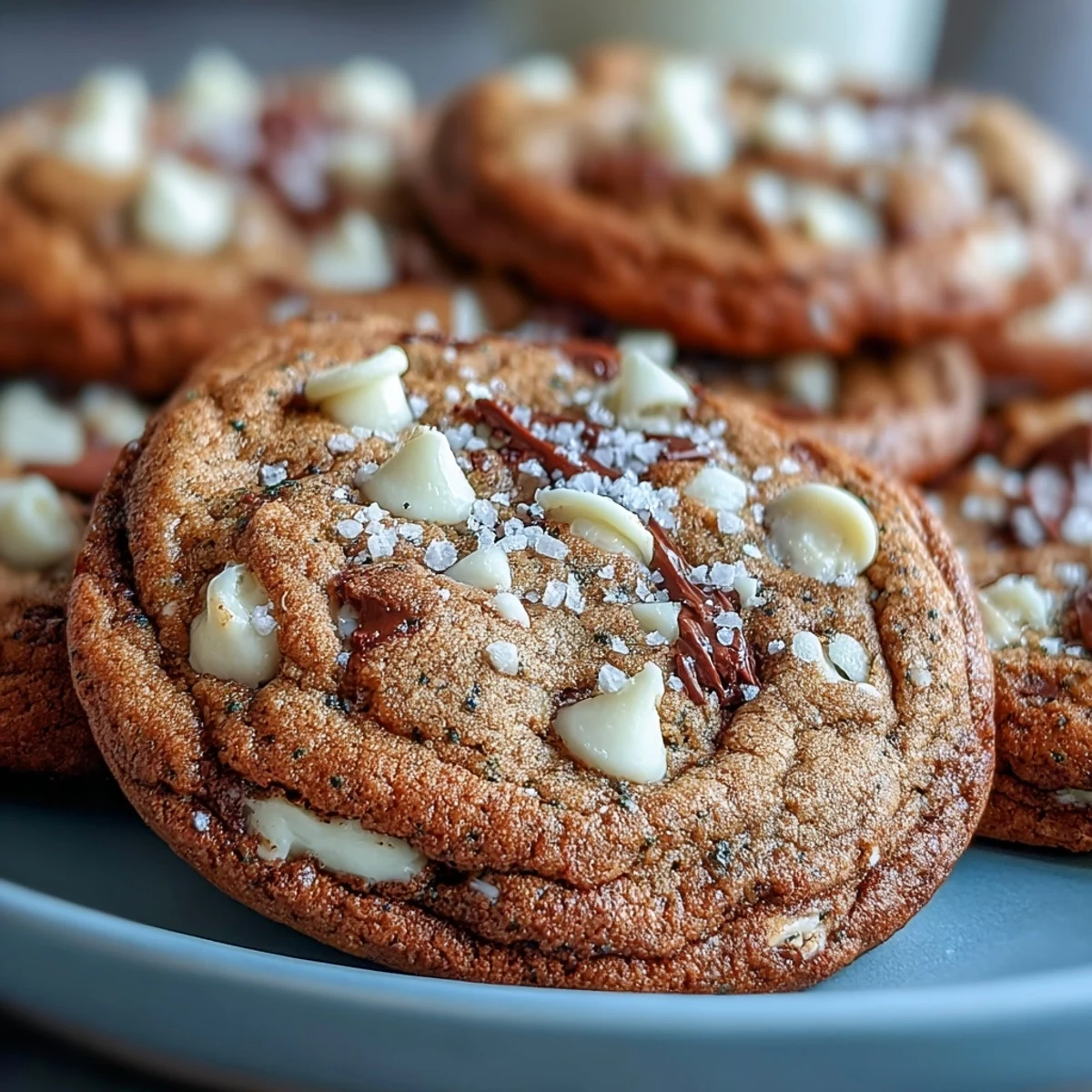 Close-up of Hojicha White Chocolate Cookies showing crinkled edges and roasted tea flecks. 