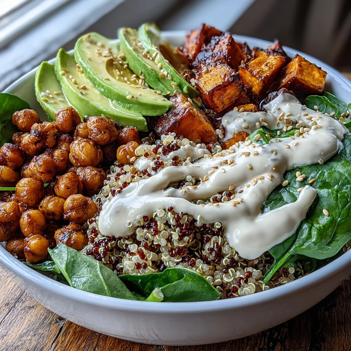 Roasted sweet potatoes and crispy turmeric chickpeas are arranged over quinoa, topped with fresh spinach and avocado slices, and drizzled with creamy tahini yogurt sauce for a wholesome Anti-Inflammatory Glow Bowl.