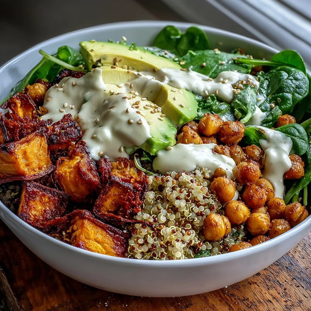 A close-up view of a colorful Anti-Inflammatory Glow Bowl with golden roasted sweet potatoes, crispy chickpeas, and creamy tahini yogurt sauce drizzled over fresh spinach and quinoa.