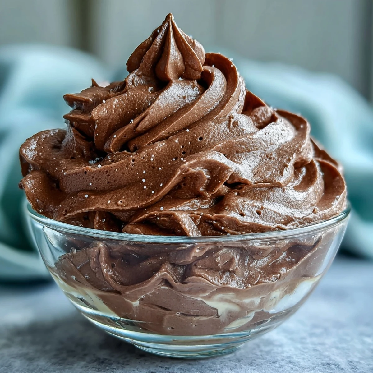 Rich chocolate protein fluff topped with berries and chocolate shavings, served as a healthy, low-calorie dessert.