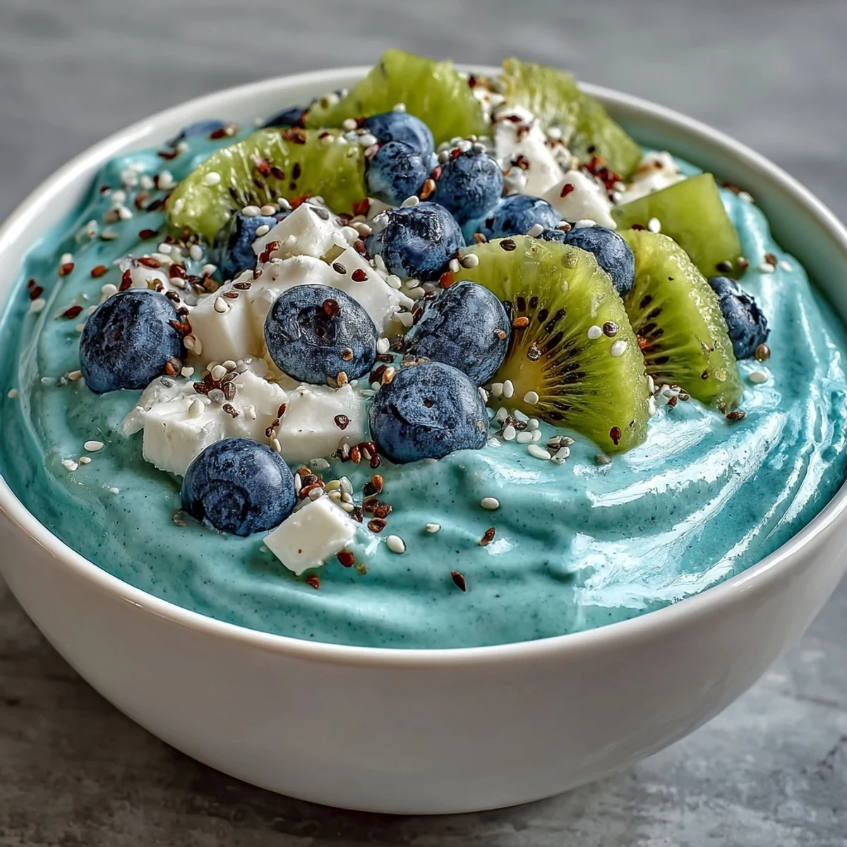 Mermaid smoothie bowl in vibrant blue topped with sliced kiwi, blueberries, and edible flowers, served fresh for a whimsical breakfast.