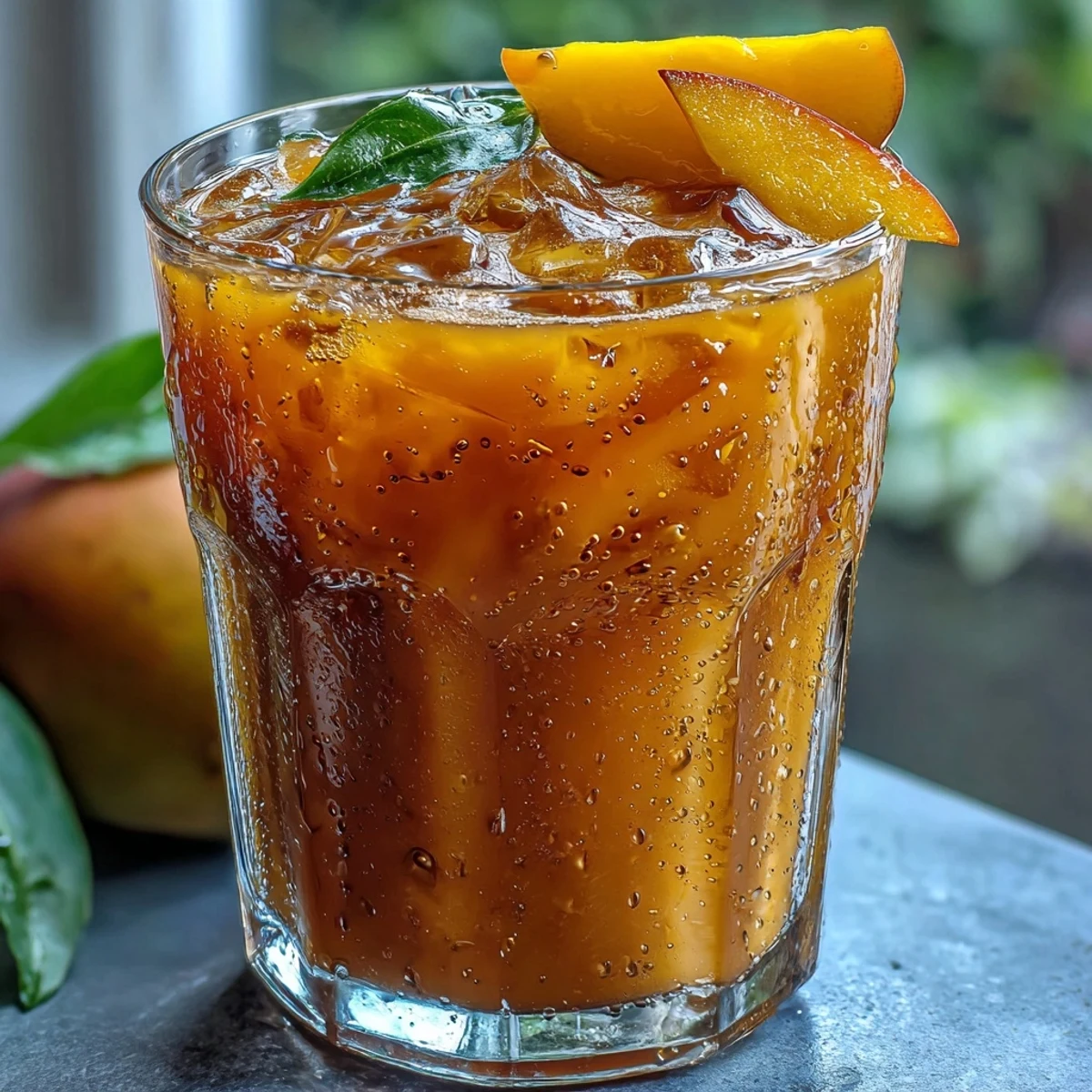 Homemade pitcher of Mango Iced Tea steeped with black tea and honey, ready to serve.