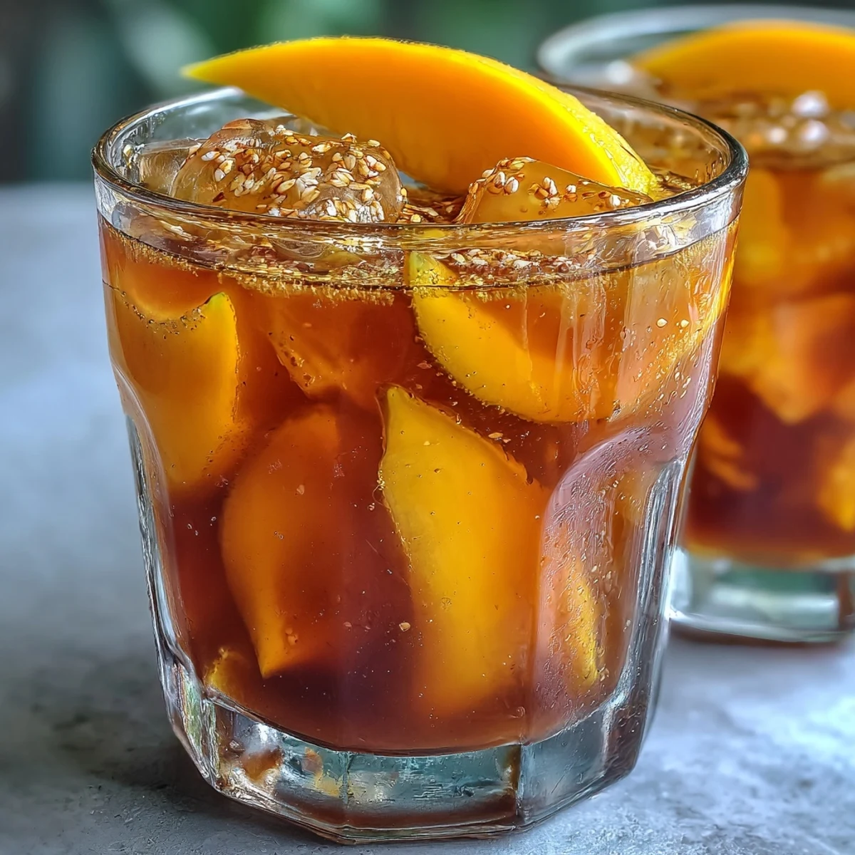 Tall glass of Mango Iced Tea filled with ice cubes and a fresh mango slice garnish.