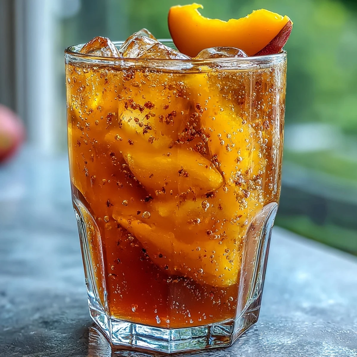 Refreshing Mango Iced Tea served over ice with a mint sprig and sweet mango puree.