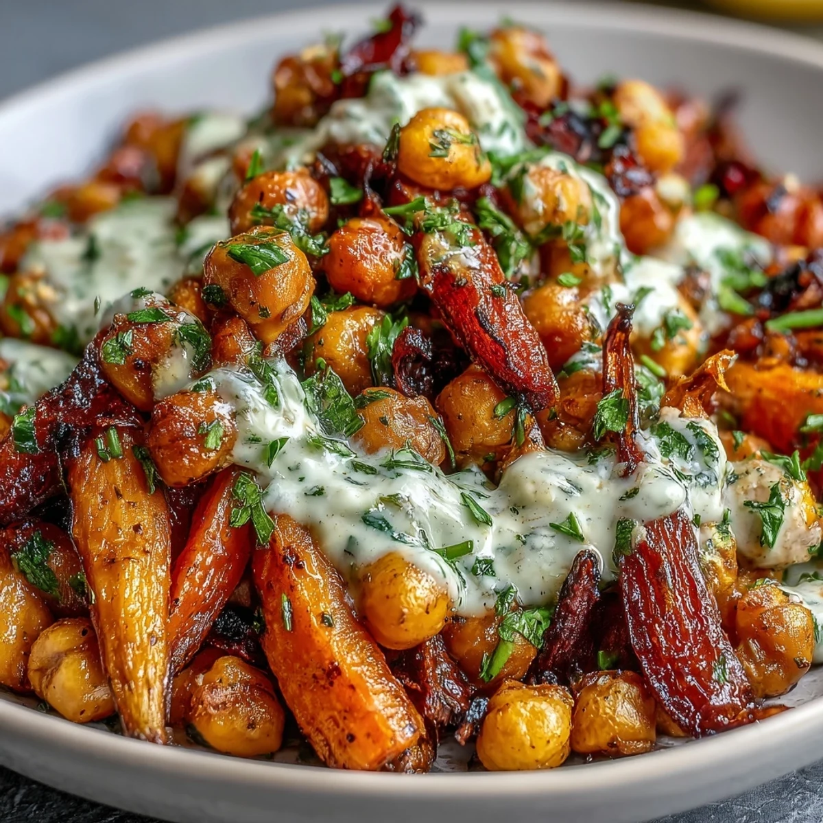 Golden roasted carrots and crispy chickpeas for the One-Pan Roasted Carrot and Chickpea Bowl, drizzled with creamy lemon-tahini dressing.