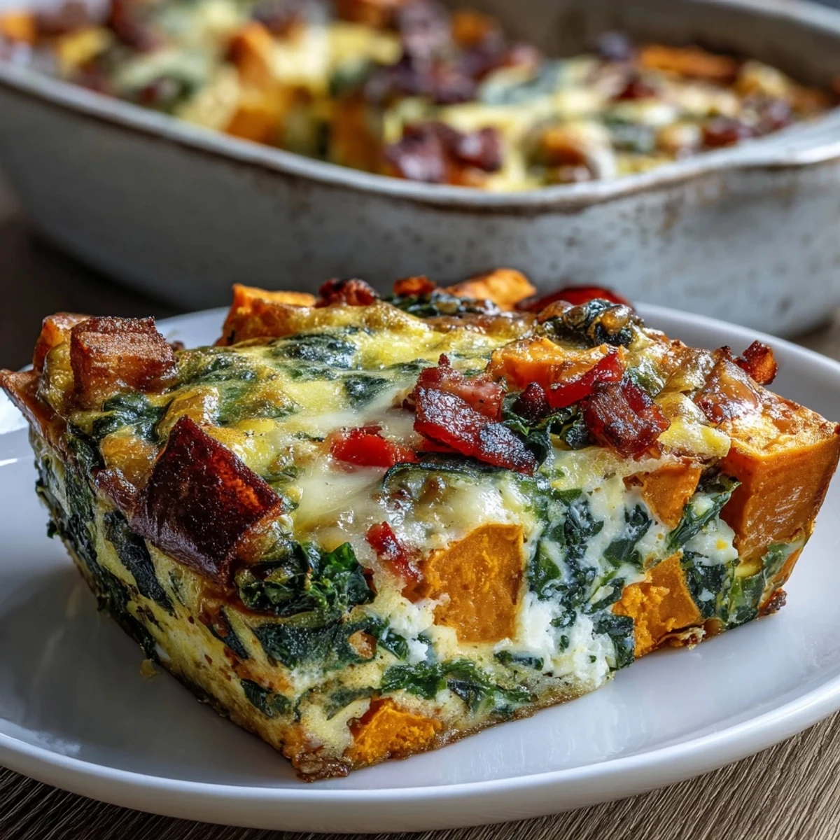 Golden-brown Easy Sweet Potato Egg Casserole fresh from the oven, served warm for a hearty breakfast or brunch.