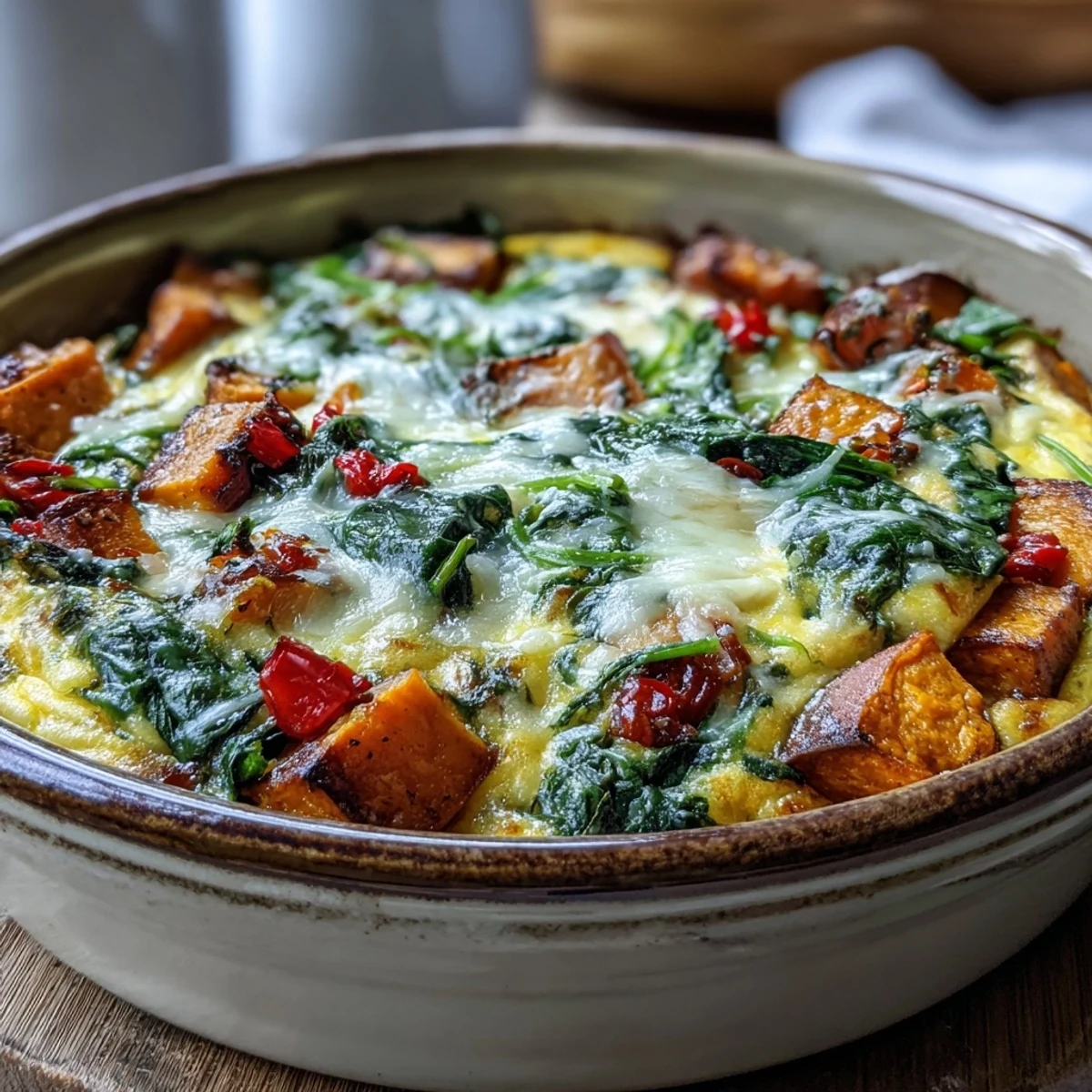 Savory Easy Sweet Potato Egg Casserole with melted cheddar and feta, perfect alongside fresh salad or toast.
