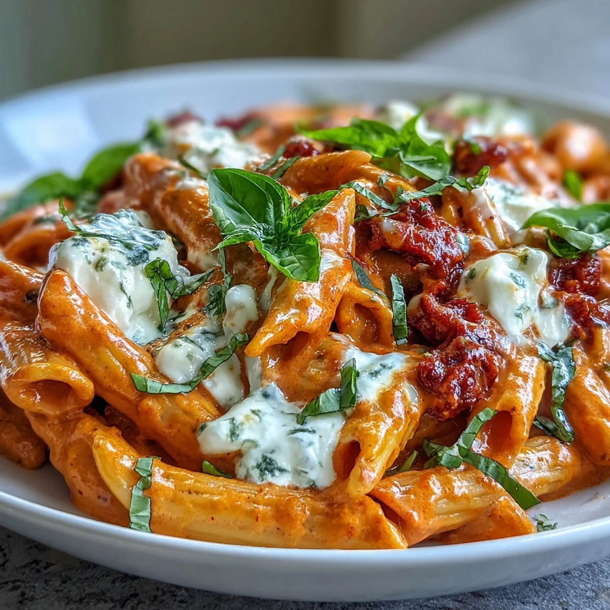 Tender pasta ribbons coated in a velvety roasted red pepper sauce, crowned with creamy burrata and fresh basil leaves.