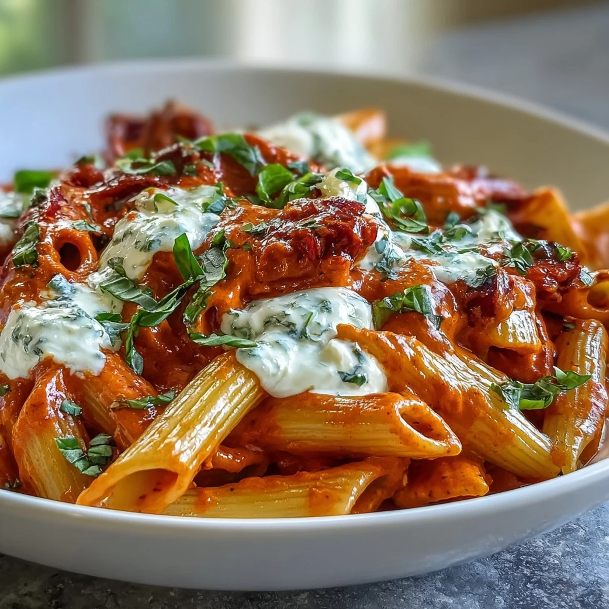 A vibrant bowl of Creamy Red Pepper Pasta with Burrata & Herbs, garnished with fresh basil for a weeknight Italian-inspired dinner.