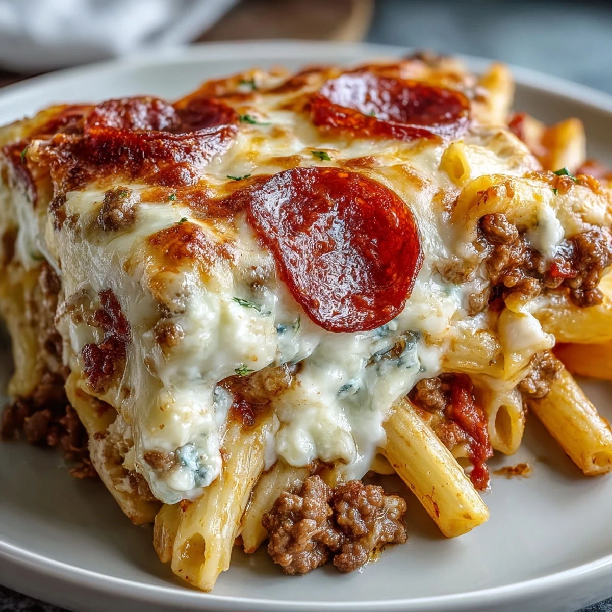 Golden, bubbling High-Protein Pizza Pasta Bake fresh from the oven, topped with crispy pepperoni and melted mozzarella.